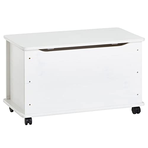 IDIMEX Coffre à jouets ELISA coffre de rangement malle rectangulaire avec abattant et 4 roulettes, en pin massif lasuré blanc