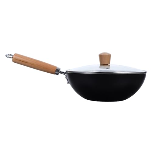 POPETPOP Mini Olla De Hierro Wok Sartén Cacerola Pequeña Wok De Cocina Bandeja Sartén De La Cocina Panqueque Pequeño Olla Pequeña Para Freidora Cacerola Profunda Con Tapa Negro Madera