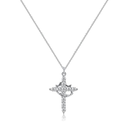 Generic Paved Cross Rotated Crown Necklace, Copper 18K Gold/White Gold Plated Cross Necklace, Christian Cross Rotated Crown Necklace, Cross Necklace Jewelry for Men Women (Silver, Rotatable)