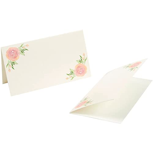 Floral Table Place Cards - 100 Piece Rose Tent Cards, Table Decorations And Party Supplies For Romantic Wedding, Banquets, Bridal Shower, Celebrations And Events, 2 X 3.5 Inches, Green And Pink #TOP3