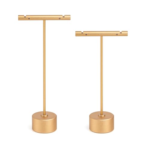 Jim Display Metal Earring Stand Display Round Base Earring T Bar Display Necklace Bracelet Ring Ear Studs Jewelry Display Rack for Vendors Photography and Showcase, Gold 2pcs Height 5.31