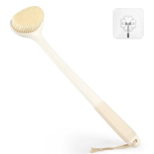 VANZAVANZU Limpiador de espalda para ducha, cepillo de baño con mango antideslizante de 43 cm de largo, cepillo corporal húmedo y seco para limpieza corporal, Crema blanco
