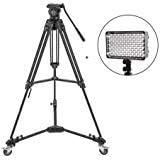 3Pod V3AH - Trípode de aluminio de 3 secciones con cabeza panorámica QR de 2 vías, color negro, paquete con luz LED CLAR 160 en la cámara y VT-2