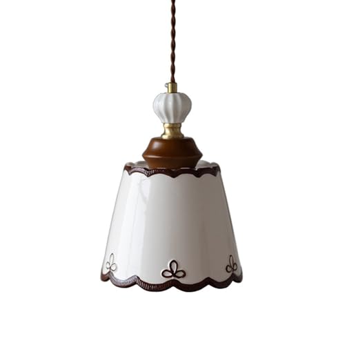 Vintage Ceramic Pendant Light Hand Painted Scalloped Edge Porcelain Hanging Lamp with Walnut...