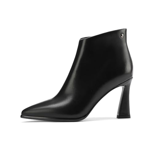 Womens Pointed Leather Thick High Heels 8.5cm/3.3in Rivet Ankle Boots Fashion Retro Party Boots