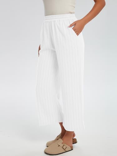 Les umes Womens Linen Cropped Pants Elastic Waist Wide Leg Stripe Casual Loose Plus Size Trousers with Pockets2