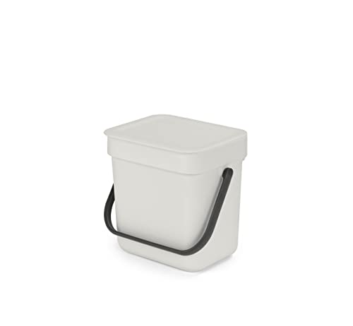 Brabantia Sort & Go Waste Caddy 0.8 Gallons (Light Gray) Space-Efficient Recycling Pail with Handle, Removable and Stay-Open Lid, Easy to Clean Kitchen Compost Caddy Without Nooks and Rims