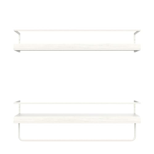 Image of Shario - Set of 2 Floating Shelves with White Towel Rail Wall Hanging, Decorative Storage Shelves for Bathroom, Kitchen, Living Room and Bedroom (Rustic White)
