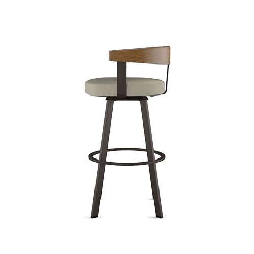 Image of Amisco Lars 30 inch Swivel Bar Height Barstool, Upholstered Stool with Solid Wood Back and Arms for Kitchen Island or Bar, Drees Stool, Greige Faux Leather /Light Brown Wood /Dark Brown Metal