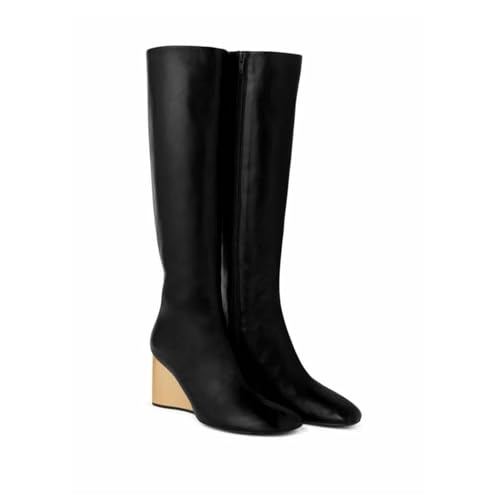Knee High Boots for Women Platform Low Block Heel Square Toe with Side Zipper Wide Calf Fashion Boots