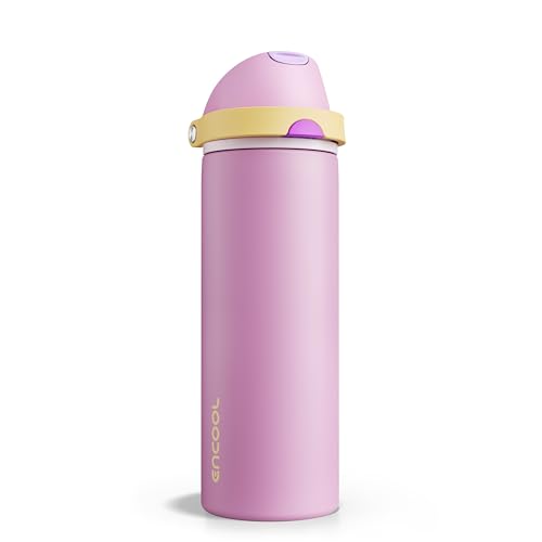 Image of Insulated Water Bottle with Straw - Encool Stainless Steel Water Bottle with Push Button Lid, Leak-Proof & BPA-Free, Keeps Cold for 24 Hours for Sports, Travel, Gym (24 oz, Light Orchid-Fuchsia)