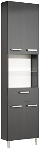 Pelipal Badezimmerschrank Quickset 311 in Anthrazit Glanz, 50 cm breit | Hochschrank mit 4 Türen, 1 Schublade und 4 Glas-Einlegeböden