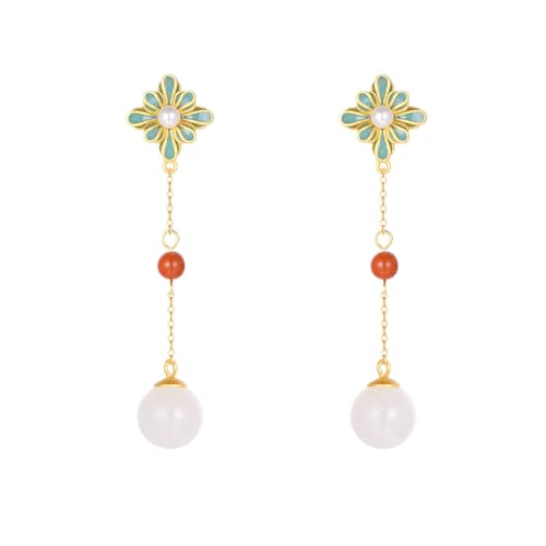 Boucles d'oreilles pendantes en jade de Hetian et émail, pivoine artisanale pour femme