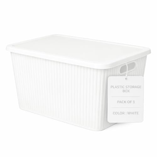 Image of Plastic Storage Box with Lid - Large Stackable Organizer Storage Box for Clothes, Toys, Kitchen - Big Size Plastic Storage Container Basket for Home, Office, Bathroom(Large,Pack of 1,White)