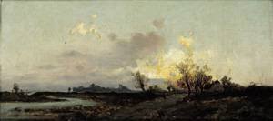 Peinture à l'huile paysage nature crépuscule Emil Jakob Schindler grand tableau 36x48