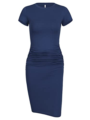 Laughido Midi Bodycon Tshirt Casual Dress Women's Short Sleeve Ruched Knee Length Sundress (Royal Blue, Xx-Large) #TOP2