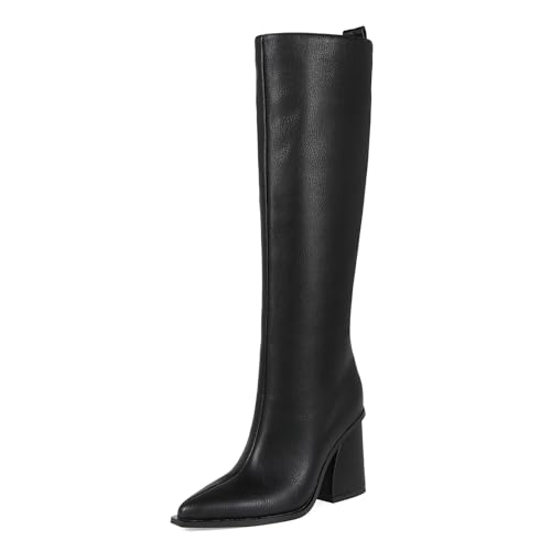 Boots for Women Knee High Tall Boots Block Chunky Heel Fall Boots Pointed Toe with Side Zip for Work Daily