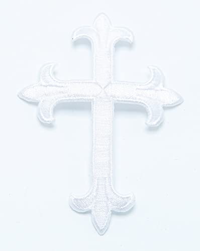 Embroidered Cross Patch Iron On Applique - Latin Cross (White, 4" X 2 7/8") #TOP11