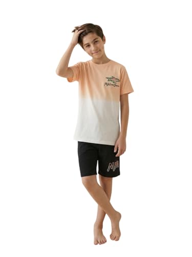 Image of Li'l Tomatoes Boys 100% Cotton Night Suit Set | Half Sleeve T-Shirt & Shorts | Color Block & Typography Print | Soft & Breathable Sleepwear | Casual Summer Wear | 9-16 Years