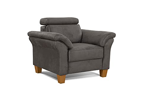 Cavadore Sessel Ammerland / Polstersessel im Landhausstil mit Federkern + verstellbarer Kopfstütze / 101 x 84 x 93 / Wildlederoptik, Grau