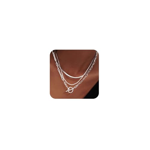 Freekiss Gold Layered Toggle Necklaces for Women: 14K Gold Plated Dainty Link Chain Necklaces Paperclip Cuban Rope Adjustable Choker T-Bar Toggle Clasp Chunky Necklace for Women Trendy Jewelry