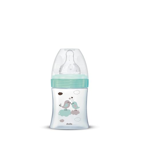 Dodie - Biberon Anti-Colique Initiation+ Verre, Vert Oiseau, 150ml, 0-6 mois, Tétine ronde, Débit 1