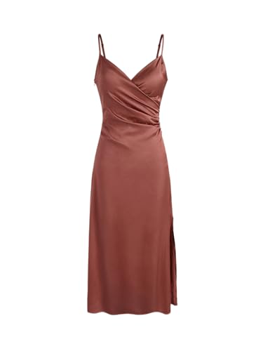 CIDER Satin Dress Midi Elegant V Neck Sleeveless Cocktail Party Dresses for Women Middle Waist Solid Slit Dress