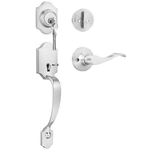 Image of Haidms Brushed Nickel Front Door Handle and Deadbolt Set, Front Door Lock Set, Entry Door Locksets with Deadbolt Single Cylinder, Exterior Door Handle with Reversible Handle Lever