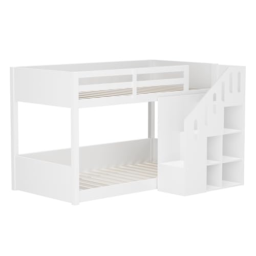 Dolamaní Hochbett Etagenbett 2 Kinder 90x200 cm mit Treppe, Kinderbett Mit & Schließfächern & Rausfallschutz, Kinderzimmer kinderhochbett, Stockbett für Mädchen Junge, Weiß