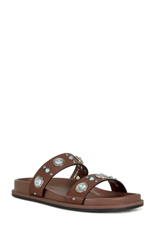 AZALEA WANG Storge Flat Sandal – Turquoise Studded Boho Western Slides – Women’s Strappy Faux Leather Comfort Summer Shoes in Black & Brown – Turquoise Embellished Festival Sandals