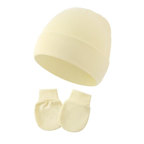 Wxllzlife Newborn Hats Mittens Set,Soft Toddler Hats for Boys and Girls, Cute Baby Girls Boys Cotton Beanie hat Gloves, Unisex Baby Infant Caps for 0-6 Months Yellow