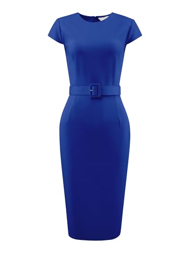 Image of Hobemty Women's Knee Length Pencil Dress Cap Sleeve Belted Wear to Work Sheath Dresses