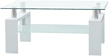 OFCASA 2 Tier Coffee Table with Glass Top White Wood Legs Storage Shelves Side End Table for Home Living Room Sofa 100 x 60 x 45cm