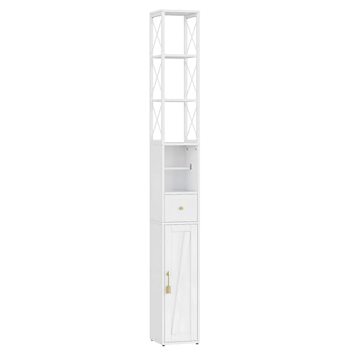 VECELO 170cm Tall Slim Bathroom Cabinet, Freestanding Bathroom Storage with 3 Open Shelves, 1 Door Cupboards, 1 Drawer and Toilet Paper Scroll for Narrow Small Space, Living Room, Bedroom