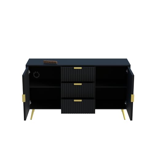 Image of Wooden Sideboard Cabinet for Living Room | Side Board with 3 Drawers & 2 Doors Cabinet Storage for Dining, Drawing and Home Office | HDMR Premium Wood & Iron | Black & Golden