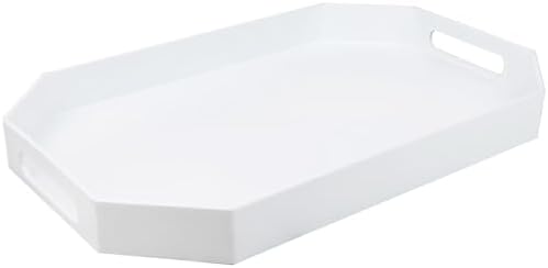 White Octagonal Serving Tray with Handles for Coffee Table, Plastic Decorative Tray for Ottoman, Kitchen Counter, Living Room, Outdoor Lacquer Tray for Entertaining
