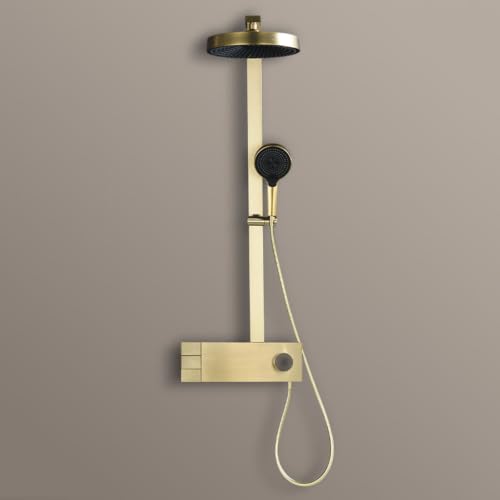 BiaoTeng Columna de Ducha 4 Modos, Pared agua Fría y Caliente en Laton Set de Ducha Completo con Grifo Cascada Oro Cepillado