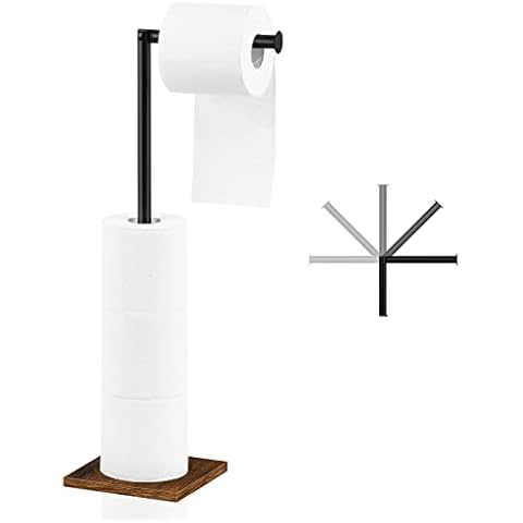 Toilet Paper Holder Stand Free Standing Toilet Paper Holder Bathroom Tissue Paper Roll Holder with Wood Board Farmhouse Toilet Paper Storage Holder Floor with Reserve, Rustic Brown and Black Cover