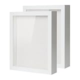 Muzilife Shadow Box Picture Frame with Linen Board Deep Wood Glass Display Case Ready to Hang Memory Box Baby Sports Memorabilia, Pins, Awards, Medals, Wedding, Tickets and Photos (White, 2pcs 8X10)