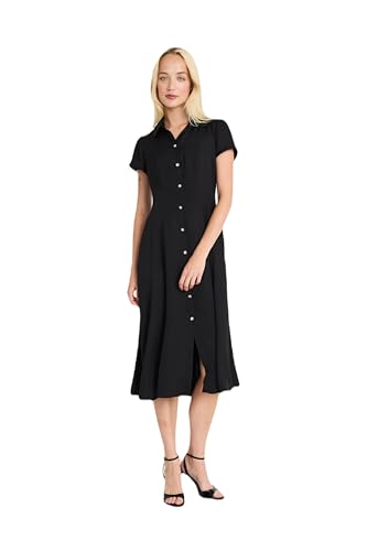 Short Sleeve Button-Front Midi Versatile Knee-Length Flared Skirt-Work Dresses for Women