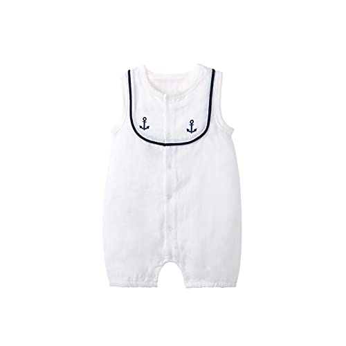 pureborn Baby Boys Sleeveless Muslin Cotton Romper Anchor Embriodery Sailor Summer Costumes White 9-12 Months