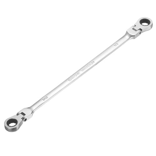 sourcing map Double Box End Wrench Extra Long Flex Head Metric 7/16" x 1/2" 72-Tooth 12-Point Ratcheting Double Box End Wrench 180 Degree Flex Head CR-V Steel for Garage Repair DIY, Silver