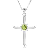 FANCIME Peridot Cross Necklace for Women Sterling Silver August Birthstone Necklace Halo Cross Pendant Fine Jewelry Gifts for Her, 16'+2' Inches