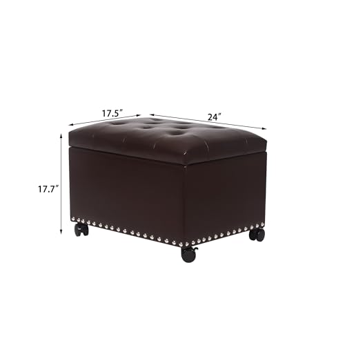 Image of Joveco Leather Storage Ottoman with 360 Caster Wheels 24 inch Foot Rest Bench Rectangle Ottomans Stool for Living Room Bedroom (Brown, Wheels)