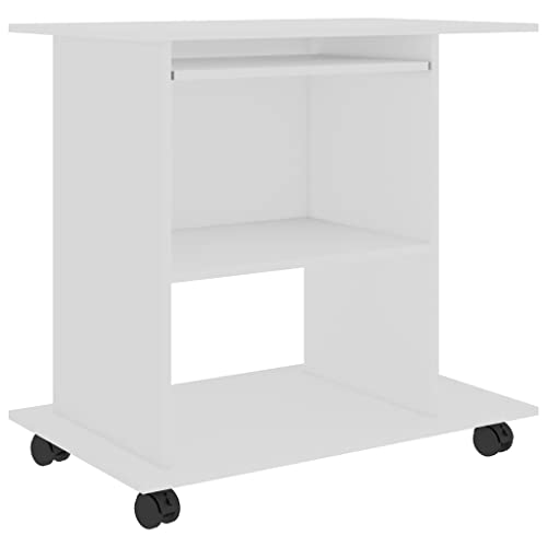 pokgdf Bureau compact blanc 80 x 50 x 75 cm en bois avec clavier coulissant et compartiment pour processeur, meuble de bureau avec 2 étagères et roulettes...