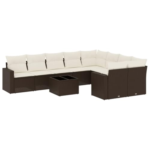 QJBSAVVA Lounge Gartenmöbel Set 10-teilig Poly Rattan Sitzgruppe Braun, Garten-Sofagarnitur mit Ecksessel Mittelsofa und Glastisch, Cremeweiße Kissen für Terrasse Balkon