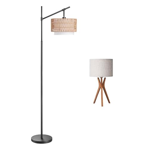 EDISHINE Arc Dimmable Floor Lamp with Rattan & Fabric Shades, 5 Color Temperatures with Remote Control, Mid Century Table Lamp