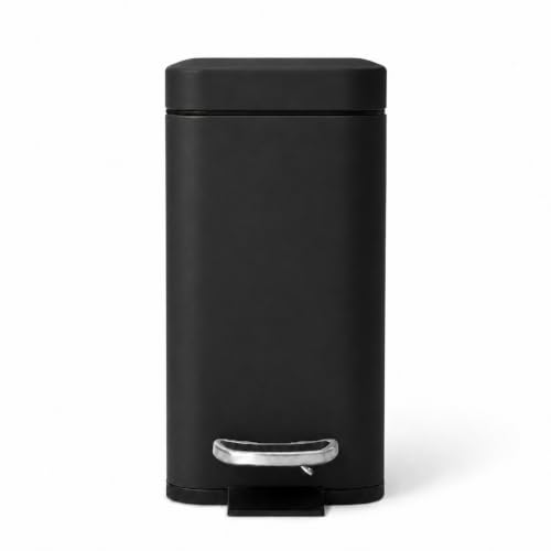 Image of Home Zone Living 1.3 Gallon Small Bathroom Trash Can with Lid and Step Pedal, Stainless Steel Wastebasket with Slim Design for Home and Office, Matte Black, 5 Liters