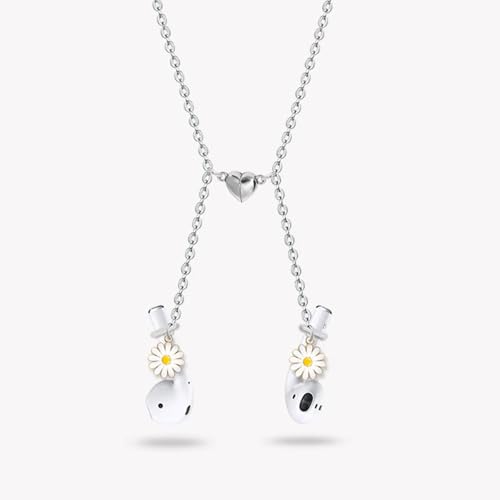 Anti-Lost Necklace, Cute Daisy Flower Bluetooth Headset Lanyard, Silver Heart Magnetic Earbud Holder Chain for Women, Fashion Jewelry Gift for 1/2/3/Pro(White Daisy)