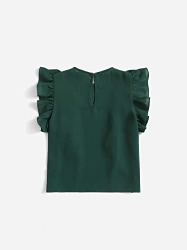 Oyoangle Girl's Solid Ruffle Trim Round Neck Cap Butterfly Sleeve Cute Blouse Top Dark Green 10Y #TOP1